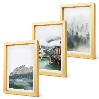 3-piece wall art set Mountains, lake, cottage and fog in the forest