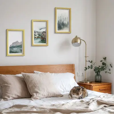 3-piece wall art set featuring mountains, a lake, and a cottage in a foggy forest