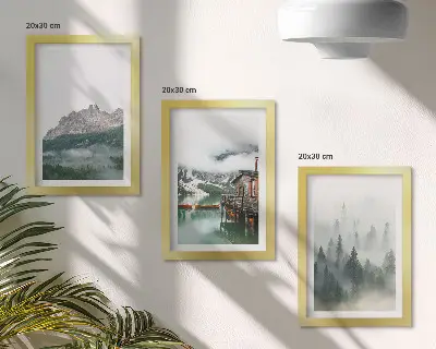 3-piece wall art set featuring mountains, a lake, and a cottage in a foggy forest