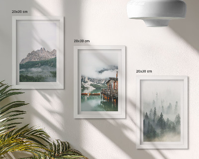 3-piece wall art set Mountains, lake, cottage and fog in the forest