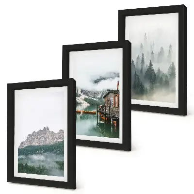 3-piece wall art set featuring mountains, a lake, and a cottage in a foggy forest