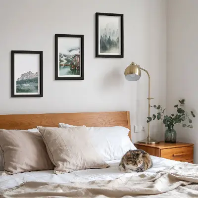 3-piece wall art set featuring mountains, a lake, and a cottage in a foggy forest
