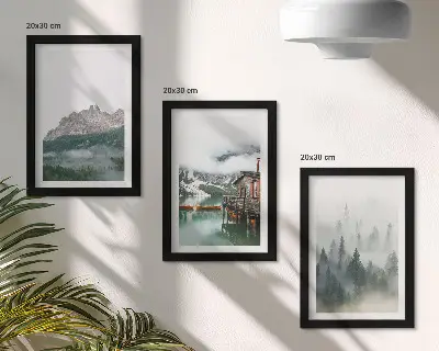 3-piece wall art set featuring mountains, a lake, and a cottage in a foggy forest