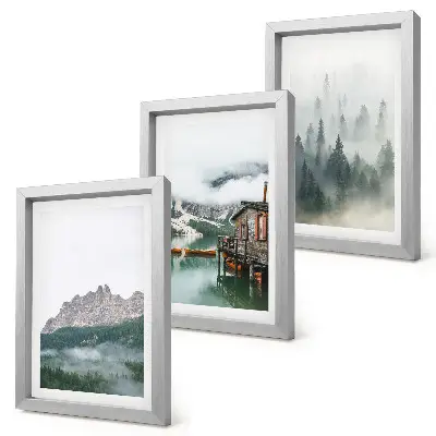 3-piece wall art set featuring mountains, a lake, and a cottage in a foggy forest