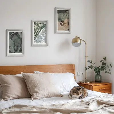 Photo frame wall with tropical plants and summer holiday accents