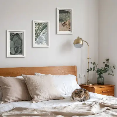 Photo frame wall with tropical plants and summer holiday accents
