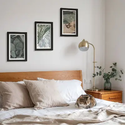 Photo frame wall with tropical plants and summer holiday accents