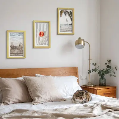 Framed triptych beach with wooden stairs in a holiday atmosphere