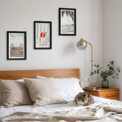 Framed triptych beach with wooden stairs in a holiday atmosphere