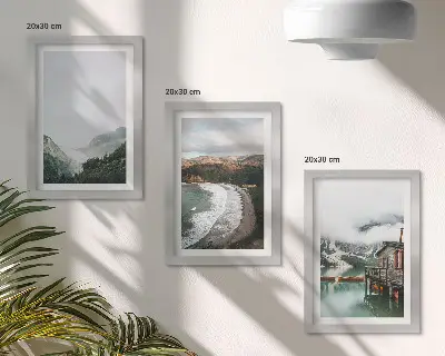3-piece wall art set featuring mountain and beach views with clouds and water