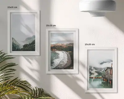 3-piece wall art set featuring mountain and beach views with clouds and water