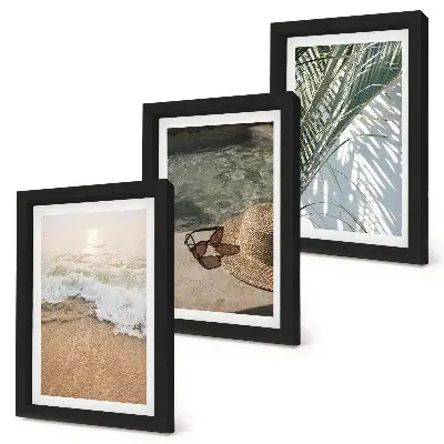 Photo frame wall gallery set with water, beach hat, and sunglasses botanical prints