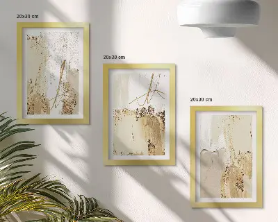 Photo frame wall with abstract patterns in shades of beige and white