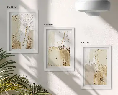 Photo frame wall with abstract patterns in shades of beige and white