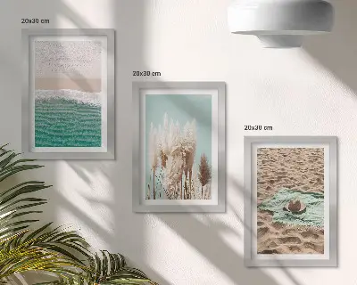 3-piece wall art set featuring a relaxing beach scene with waves, grass, a hat, and sand