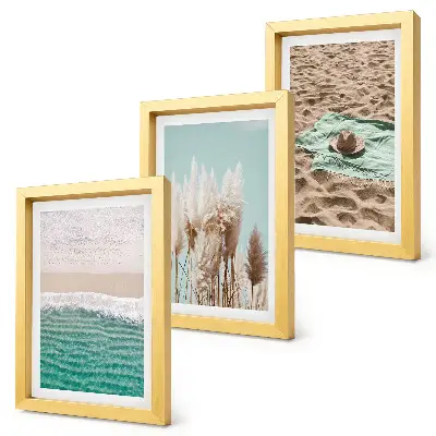 3-piece wall art set featuring a relaxing beach scene with waves, grass, a hat, and sand