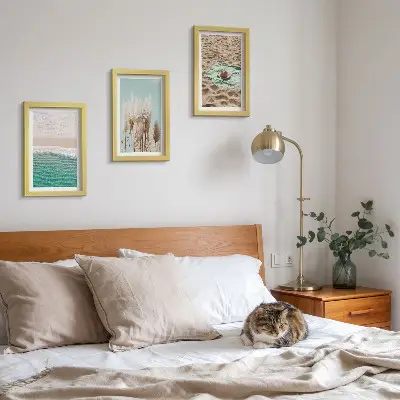 3-piece wall art set featuring a relaxing beach scene with waves, grass, a hat, and sand