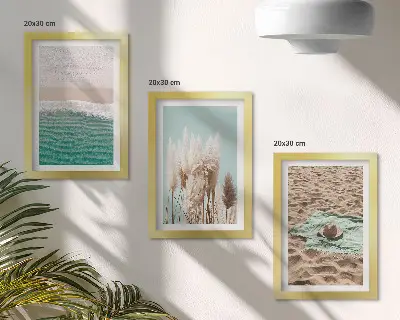 3-piece wall art set featuring a relaxing beach scene with waves, grass, a hat, and sand