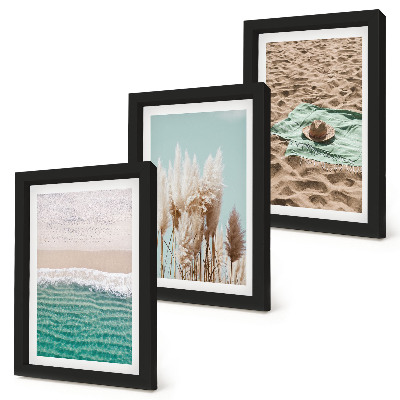 3-piece wall art set Beach, waves, grass, hat, sand, relaxation, nature