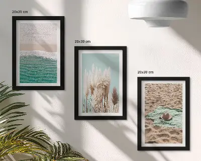 3-piece wall art set featuring a relaxing beach scene with waves, grass, a hat, and sand