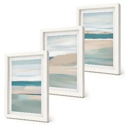 Abstract landscapes in shades of blue and beige framed triptych