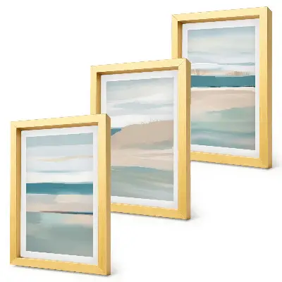 Abstract landscapes in shades of blue and beige framed triptych
