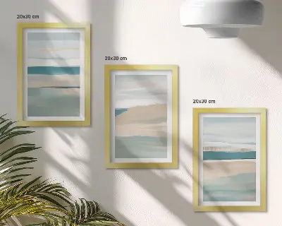 Abstract landscapes in shades of blue and beige framed triptych