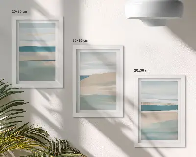 Abstract landscapes in shades of blue and beige framed triptych