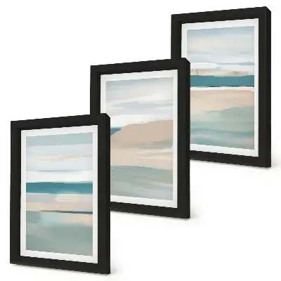 Abstract landscapes in shades of blue and beige framed triptych