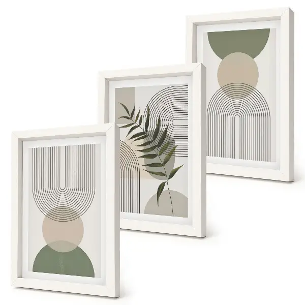 Abstract shapes in shades of green and beige framed triptych