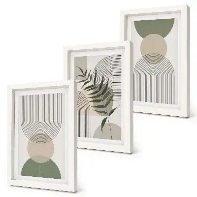 Abstract shapes in shades of green and beige framed triptych