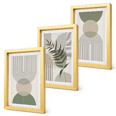 Abstract shapes in shades of green and beige framed triptych