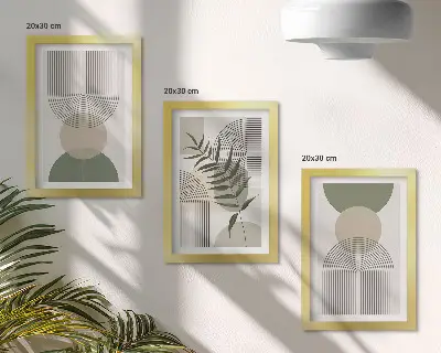 Abstract shapes in shades of green and beige framed triptych
