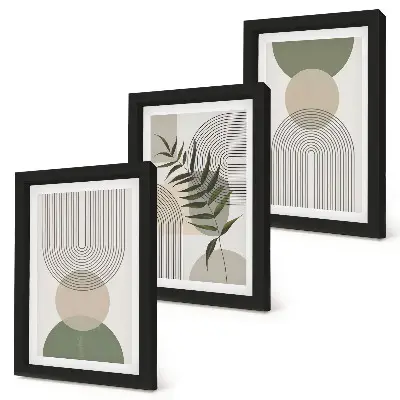 Abstract shapes in shades of green and beige framed triptych