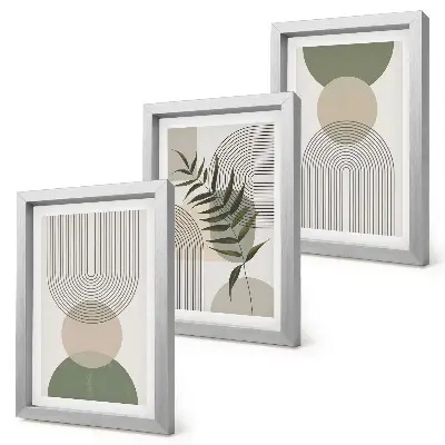 Abstract shapes in shades of green and beige framed triptych