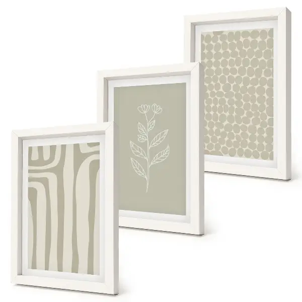 Photo frame wall gallery set with plant and geometric patterns in subdued colors
