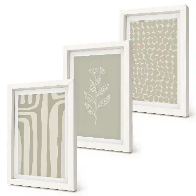 Photo frame wall gallery set with plant and geometric patterns in subdued colors