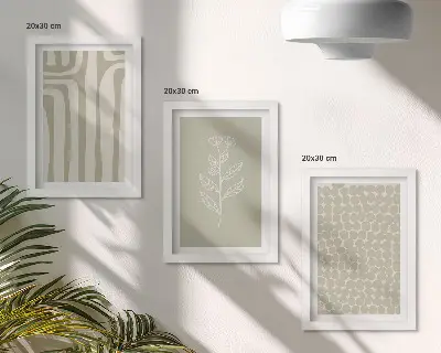 Photo frame wall gallery set with plant and geometric patterns in subdued colors