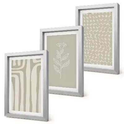 Photo frame wall gallery set with plant and geometric patterns in subdued colors