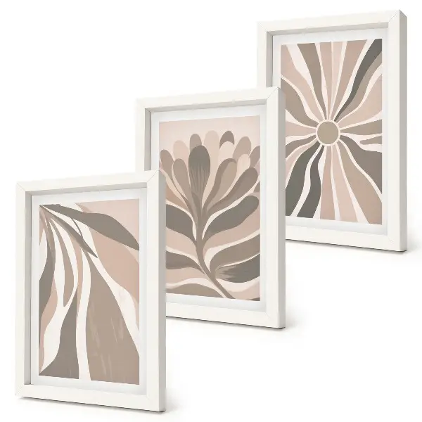 Abstract plant patterns triptych in shades of beige and brown with frames