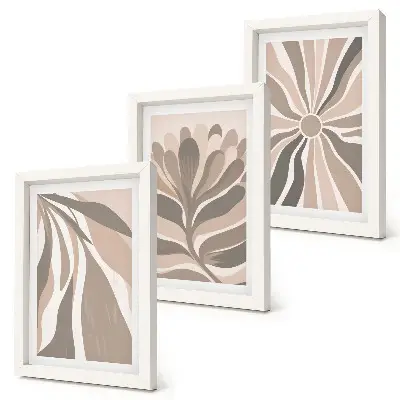 Abstract plant patterns triptych in shades of beige and brown with frames