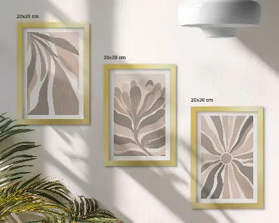 Abstract plant patterns triptych in shades of beige and brown with frames