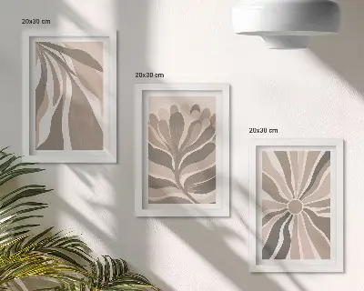 Abstract plant patterns triptych in shades of beige and brown with frames