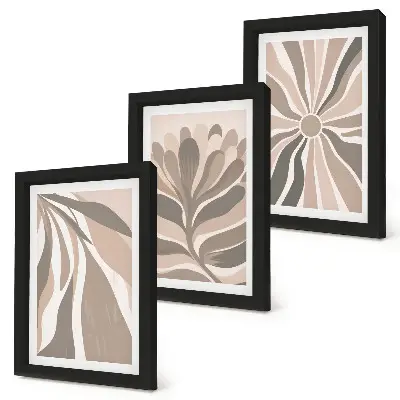 Abstract plant patterns triptych in shades of beige and brown with frames