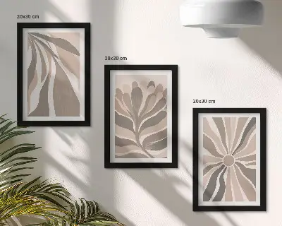 Abstract plant patterns triptych in shades of beige and brown with frames