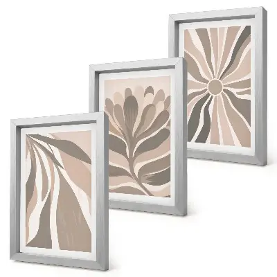 Abstract plant patterns triptych in shades of beige and brown with frames