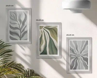 3-piece wall art set featuring plant patterns in shades of green and gray