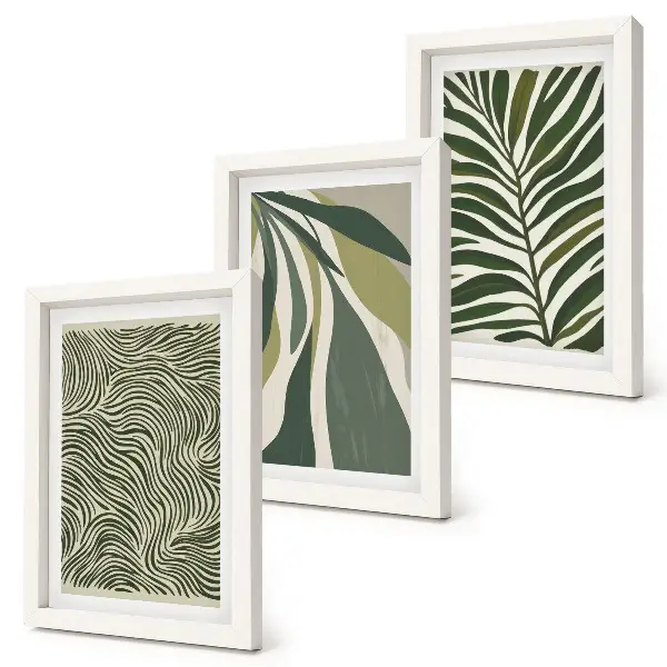 Photo frame wall with leaf patterns and wavy lines in green shades