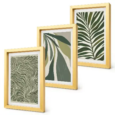 Photo frame wall with leaf patterns and wavy lines in green shades