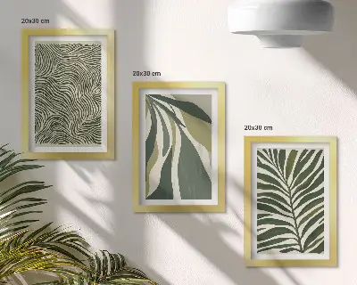 Photo frame wall with leaf patterns and wavy lines in green shades